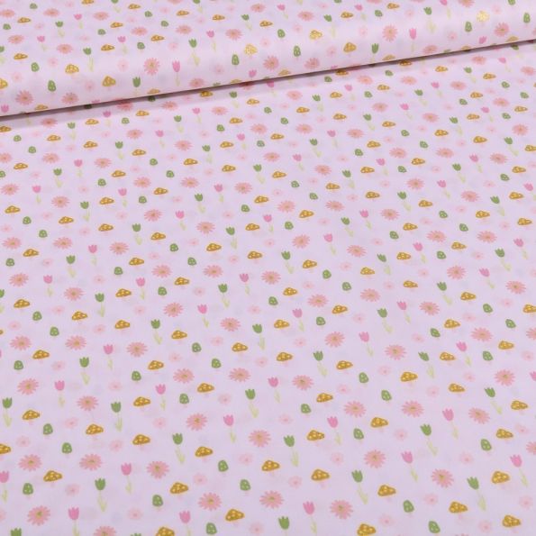 Tissu Coton imprimé Tulipes et pâquerettes sur fond Blanc - Par 10 cm