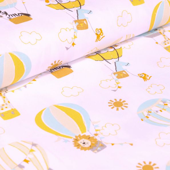 Tissu Coton imprimé LittleBird Montgolfière et animaux sur fond Blanc - Par 10 cm