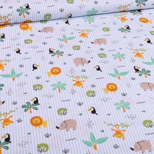 Tissu Coton imprimé Rayures Bleues et animaux de la savane sur fond Blanc - Par 10 cm