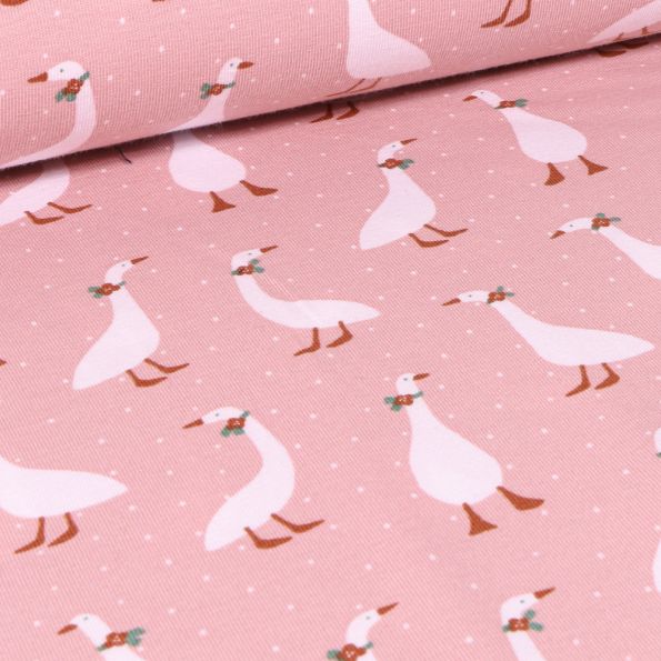 Tissu Jersey Coton Bio Oies coquettes sur fond Rose pâle - Par 10 cm