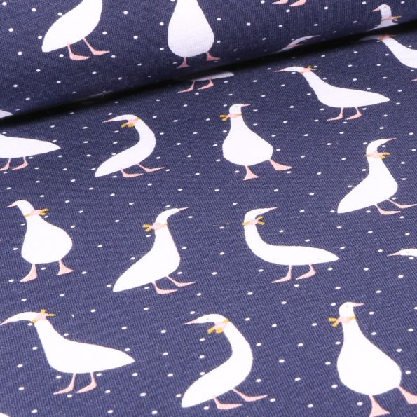 Tissu Jersey Coton Bio Oies coquettes sur fond Bleu marine - Par 10 cm