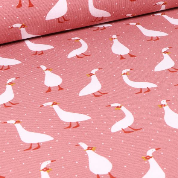 Tissu Jersey Coton Bio Oies coquettes sur fond Rose - Par 10 cm