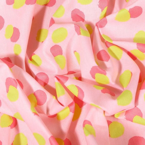 Tissu Coton imprimé LittleBird Confettis roses et verts sur fond Rose - Par 10 cm