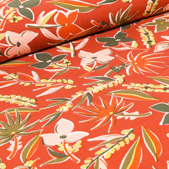 Tissu Viscose Fleurs exotiques sur fond Orange - Par 10 cm