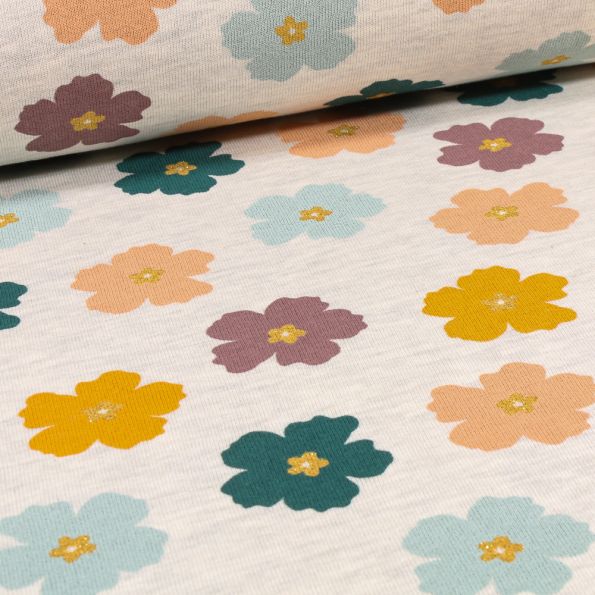 Tissu Sweat envers minky Fleurs pailletées sur fond Ecru chiné - Par 10 cm