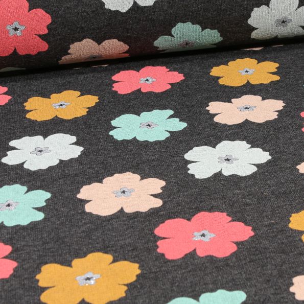 Tissu  Sweat envers minky Fleurs pailletées sur fond Gris foncé chiné - Par 10 cm
