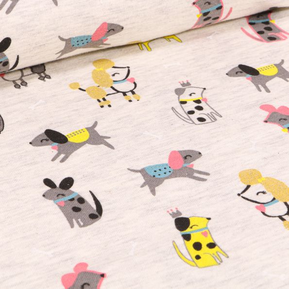 Tissu Jersey Coton Chiens Chic sur fond Beige chiné - Par 10 cm