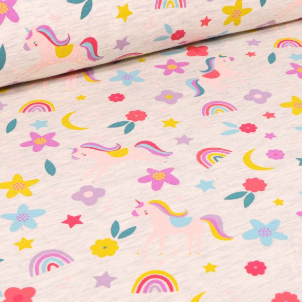 Tissu Jersey Polycoton Licornes fleurs et arc en ciel sur fond Beige chiné - Par 10 cm