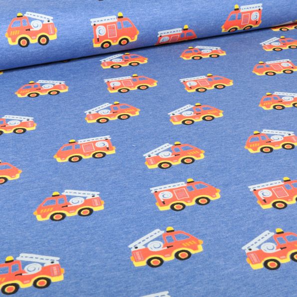 Tissu Jersey Polycoton Camions de pompiers sur fond Bleu - Par 10 cm