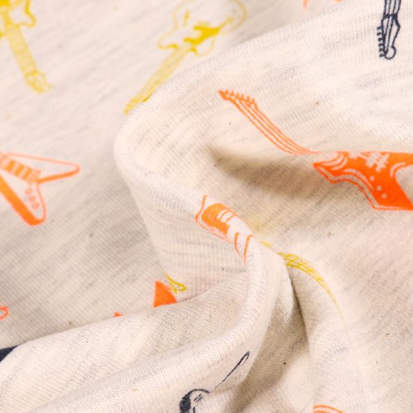 Tissu Jersey Coton Guitares sur fond Beige chiné - Par 10 cm