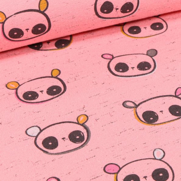 Tissu Jersey Coton Cutie Panda sur fond Rose chiné - Par 10 cm