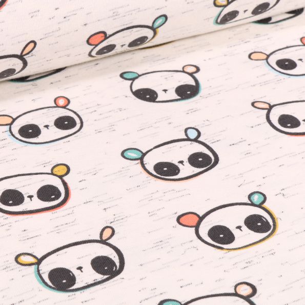 Tissu Jersey Coton Cutie Panda sur fond Beige chiné - Par 10 cm