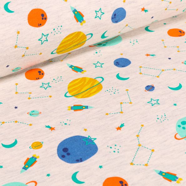 Tissu Jersey Coton Planètes et constellation sur fond Beige chiné - Par 10 cm