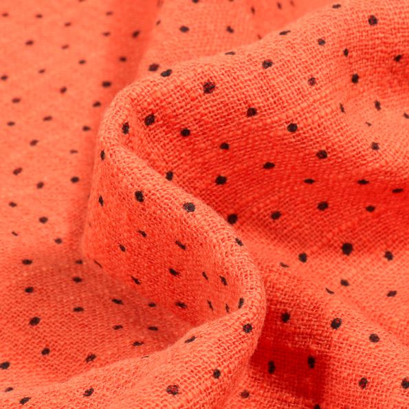 Tissu Coton lavé Petits pois noir sur fond Orange - Par 10 cm