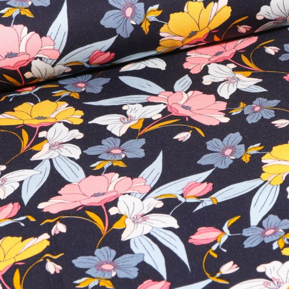 Tissu Viscose Twill extensible Fleurs pastels sur fond Bleu marine - Par 10 cm
