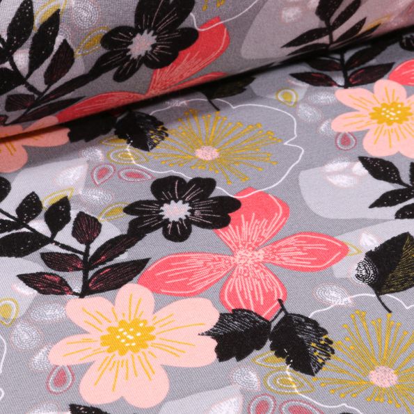 Tissu Jersey Coton envers molletonné Bio Grandes fleurs colorées sur fond Gris - Par 10 cm
