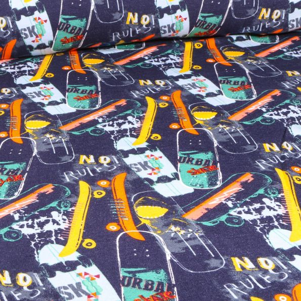 Tissu Sweat envers minky Bio Skate city sur fond Bleu - Par 10 cm