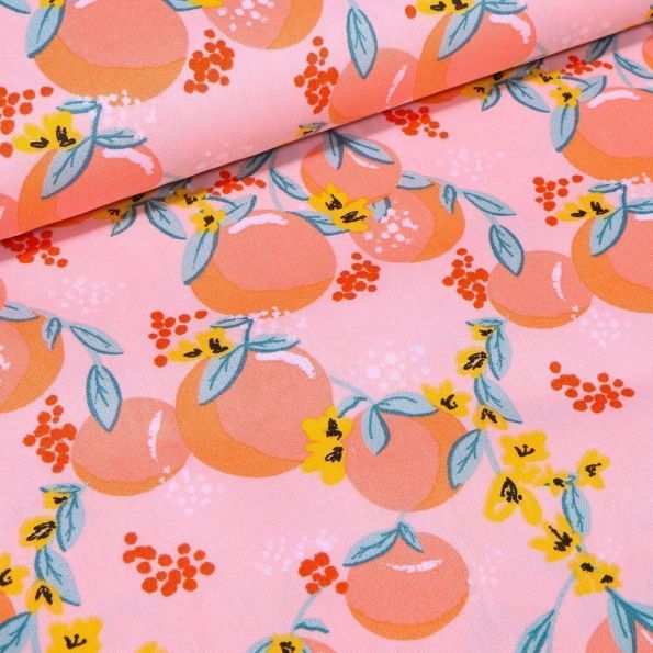 Tissu Coton imprimé LittleBird Peachy sur fond Rose - Par 10 cm