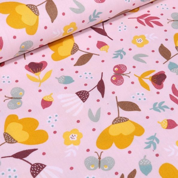 Tissu Coton imprimé LittleBird Lola sur fond Rose - Par 10 cm