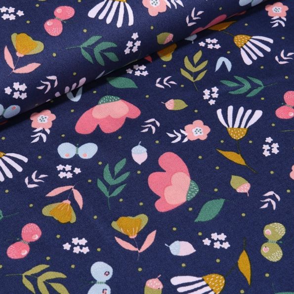 Tissu Coton imprimé LittleBird Lola sur fond Bleu marine - Par 10 cm