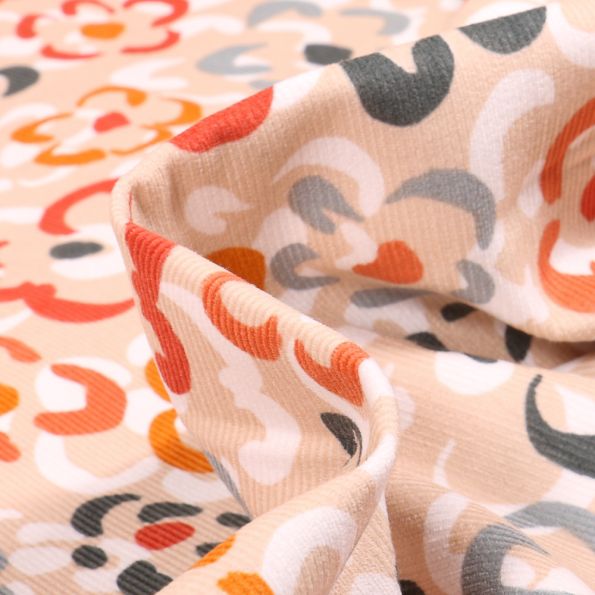 Tissu Velours milleraies Fleurs colorées sur fond Beige - Par 10 cm