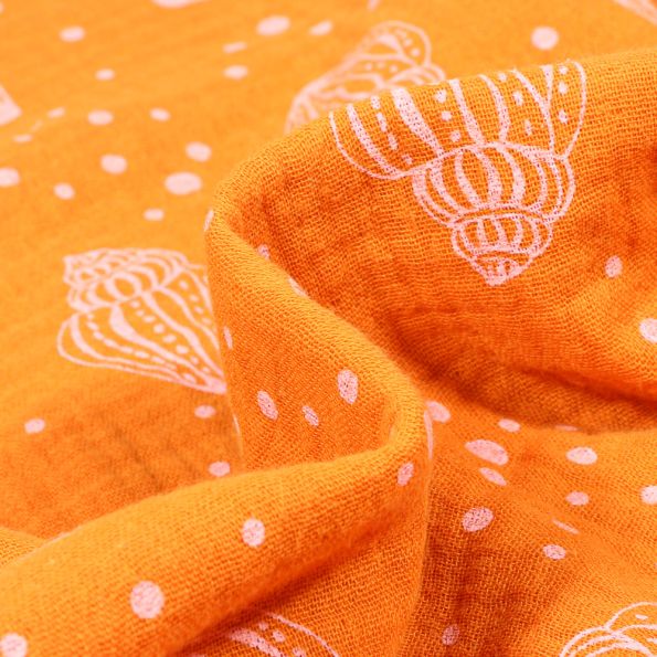 Tissu Double gaze Bio Coquillages et pois sur fond Orange - Par 10 cm