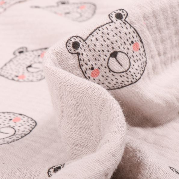 Tissu Double gaze Bio Tête d'ours sur fond Beige sable - Par 10 cm