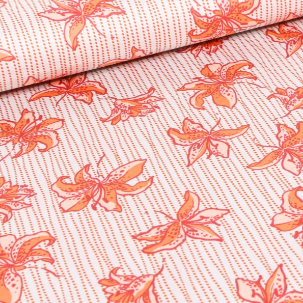 Tissu Satin Fleurs et rayures orange sur fond Gris clair - Par 10 cm