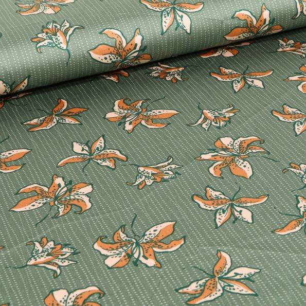 Tissu Satin Fleurs et rayures sur fond Vert - Par 10 cm