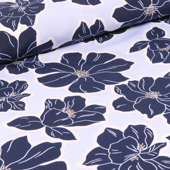 Tissu Crêpe imprimé Grandes fleurs bleu sur fond Blanc - Par 10 cm