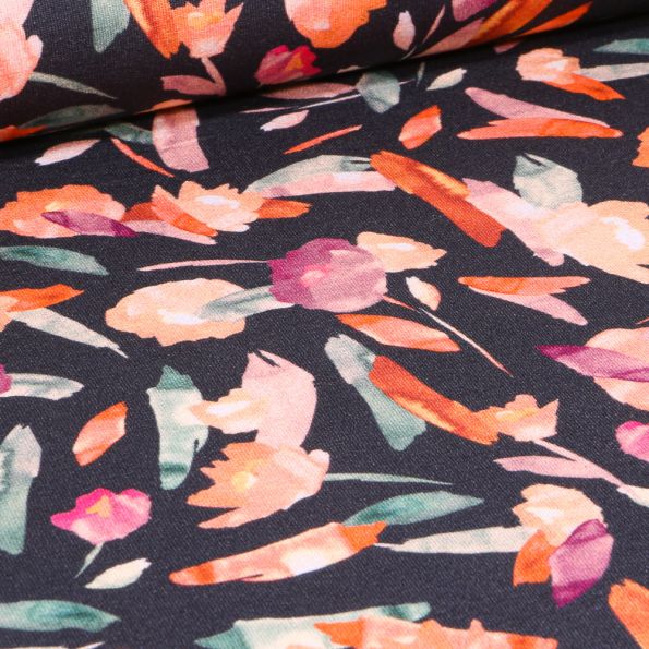 Tissu Jersey Viscose  Fleurs aquarelle sur fond Bleu marine - Par 10 cm