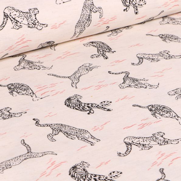 Tissu Viscose Lin Panthère sur fond Blanc cassé - Par 10 cm