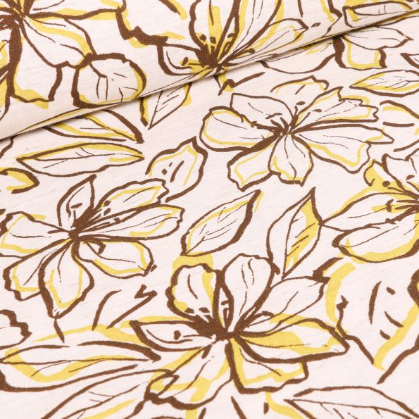 Tissu Viscose Lin Grandes fleurs jaune sur fond Blanc - Par 10 cm