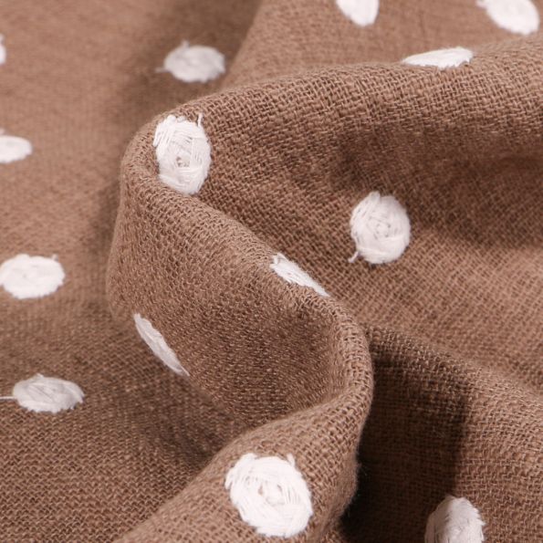 Tissu Coton lavé Pois brodés sur fond Marron - Par 10 cm