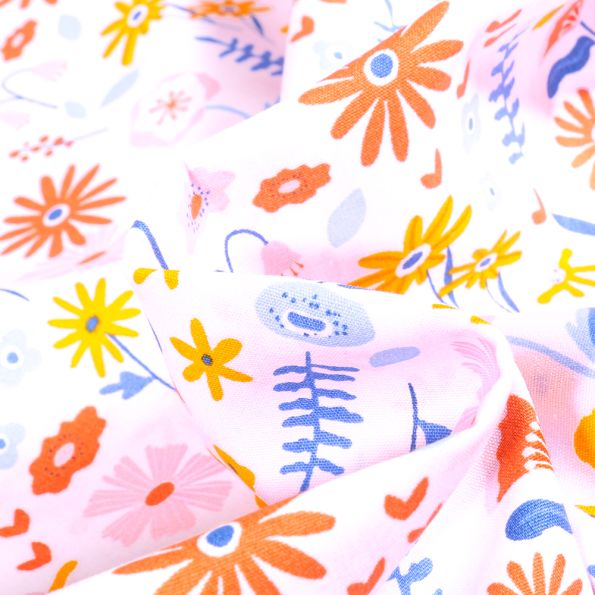 Tissu Coton imprimé Bio Fleurs des champs sur fond Blanc - Par 10 cm