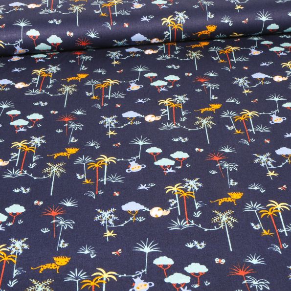 Tissu Coton imprimé Bio Palmeraies et singes sur fond Bleu marine - Par 10 cm