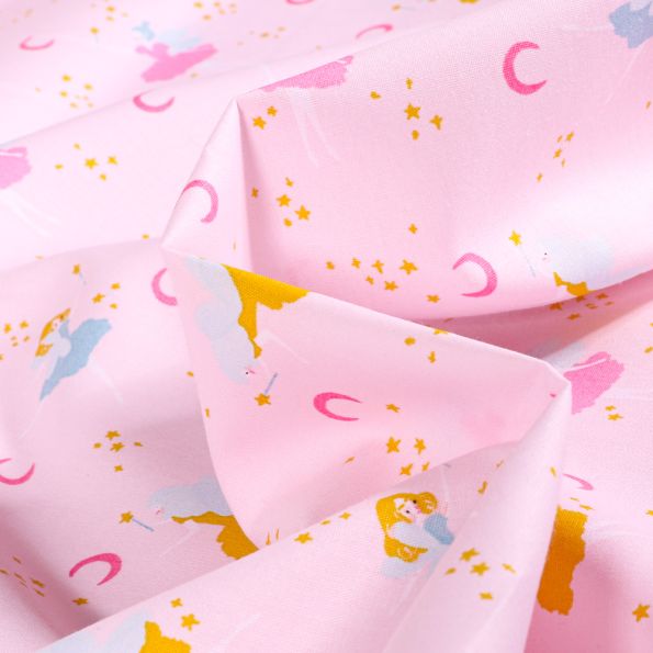 Tissu Coton imprimé Bio Danseuse féerique sur fond Rose - Par 10 cm