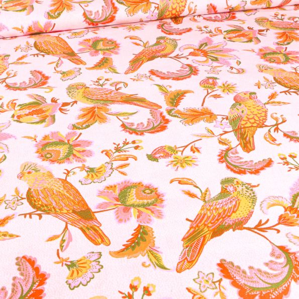 Tissu Coton imprimé Bio Perruches sur fond Blanc - Par 10 cm