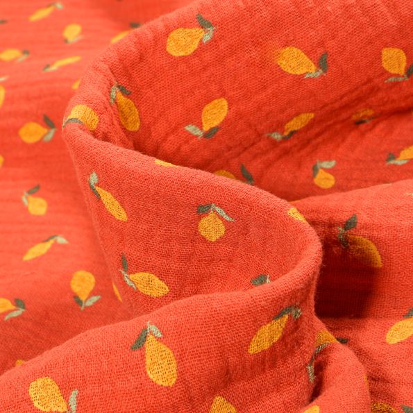 Tissu Double gaze Bio Citrons sur fond Brique - Par 10 cm