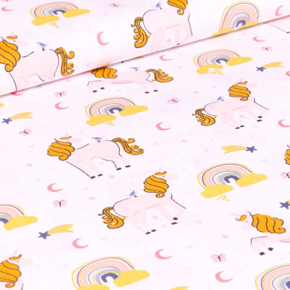 Tissu Coton imprimé Poney Licornes sur fond Blanc - Par 10 cm