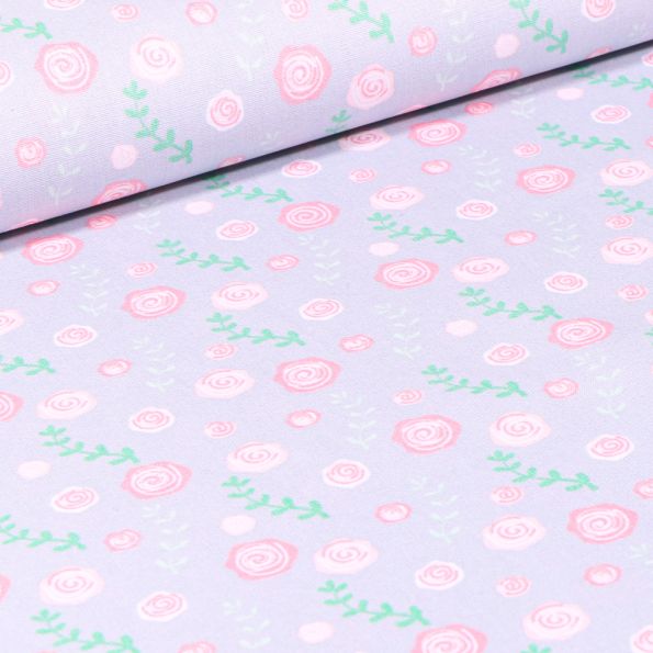 Tissu Coton imprimé Roses sur fond Gris clair - Par 10 cm