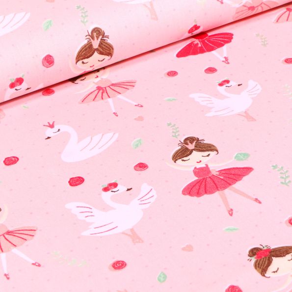Tissu Coton imprimé Danseuse et cygnes sur fond Rose - Par 10 cm