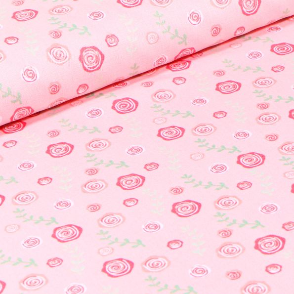 Tissu Coton imprimé Roses sur fond Rose - Par 10 cm