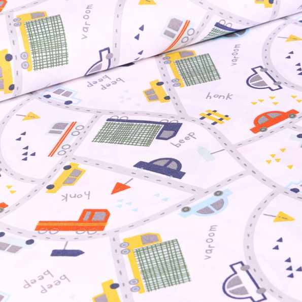 Tissu Coton imprimé LittleBird City sur fond Blanc - Par 10 cm