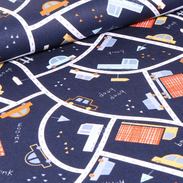 Tissu Coton imprimé LittleBird City sur fond Bleu marine - Par 10 cm