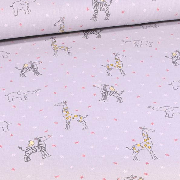 Tissu Coton imprimé Bio Girafes et éléphants sur fond Gris - Par 10 cm