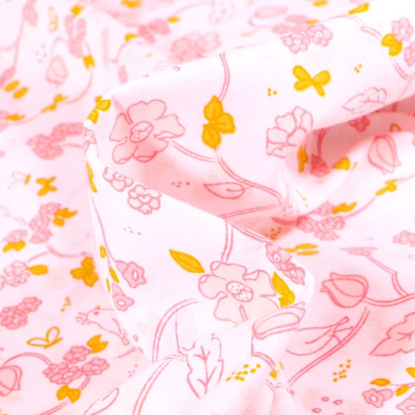 Tissu Coton imprimé Bio Floral Bird sur fond Rose pâle - Par 10 cm