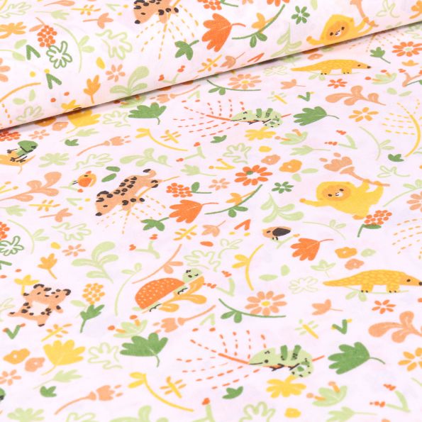 Tissu Coton imprimé Bio Jungle végétations sur fond Blanc - Par 10 cm