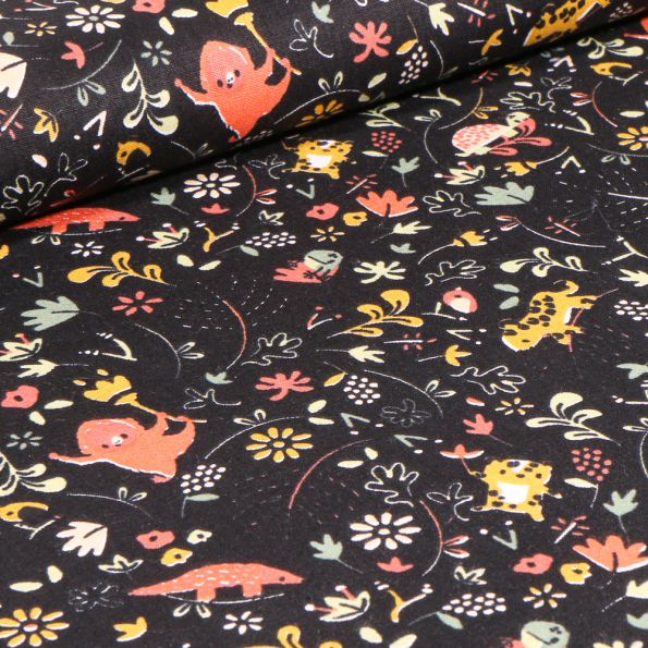 Tissu Coton imprimé Bio Jungle végétations sur fond Noir - Par 10 cm
