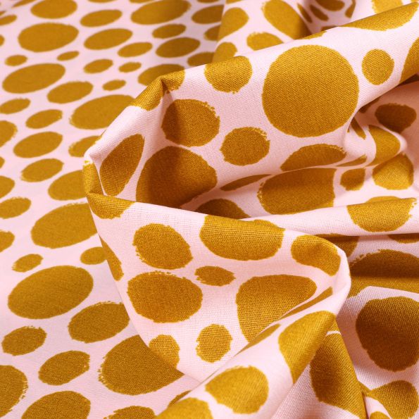 Tissu Coton imprimé Petits et moyens pois ocre sur fond Rose pâle - Par 10 cm
